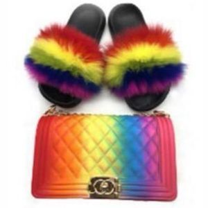 Rainbow 🌈 Fur Slides & Matching Purse Set
